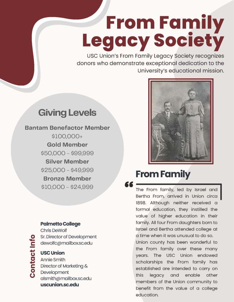 Union's From family will be honored in Palmetto College's Legacy Societies
